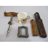 An antique corkscrew, miniature Royal Worcester tankard ( A/F), miniature silver photo frame and