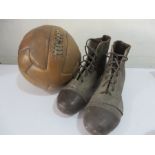 A leather vintage 'T' football by John Woodbridge & Sons Makers LTD along with a pair of vintage