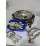 A collection of silver plated cutlery, tray etc.