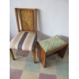 An Art Deco stool with retailer label underneath along with a burr walnut dining chair