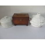 A Victorian tea caddy along with a cheese dome and soup tureen