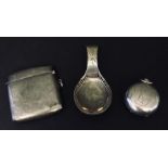 A hallmarked silver vesta along with a silver caddy spoon and silver sovereign case.