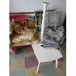 Painted plate rack, two chairs, coffee table, Laura Ashley rug etc.