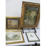 Three watercolours along with a tapestry fire screen in gilt frame