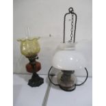 Two antique oil lamps- 1 shade A/F