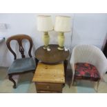A pine bedside cabinet, Lloyd loom chair along with another chair, Art Deco occasional table and a