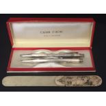 A SCM set of propelling pencil & matching pen in case along with a bone letter opener.