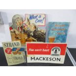 Four vintage cardboard standing advertising signs, Mackeson Stout,Strand Tipped cigarettes,Whitbread