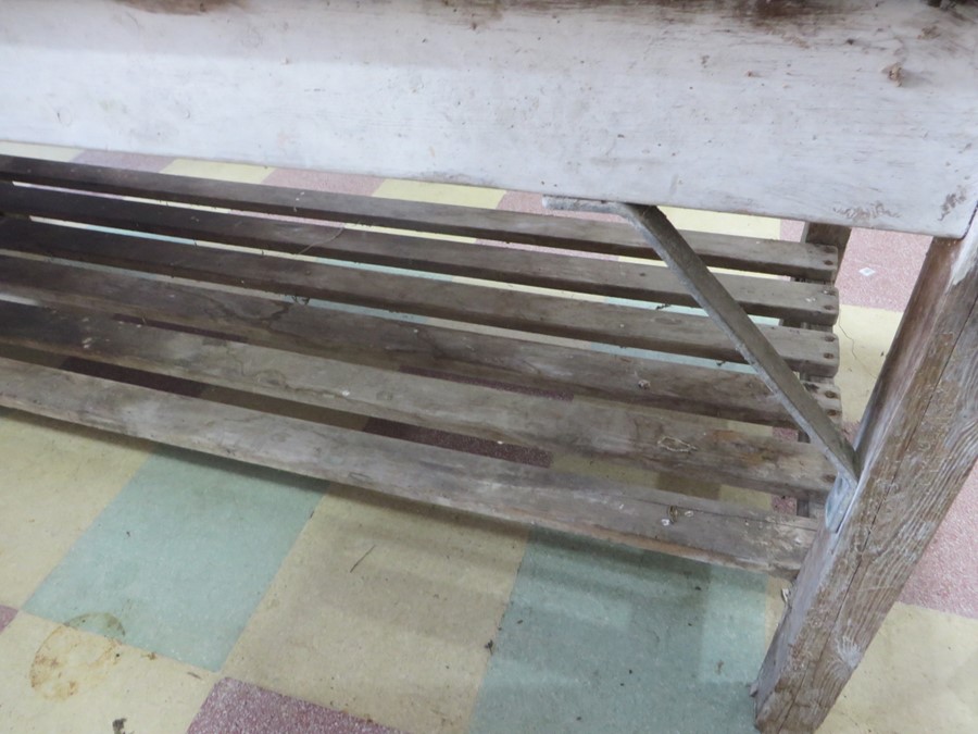 A vintage pine workbench/table with metal supports, approx 6 ft length - Image 6 of 7