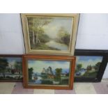 An oil on canvas signed S Schaeffer along with three paintings on glass