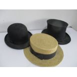 A Superior Finish boater hat, Dunn & Co bowler hat along with a top hat A/F