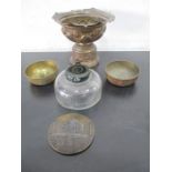 A glass inkwell along with a brass pot, mirror etc.