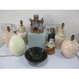 A collection of lamps and shades along with a James Blunt signed photograph, pottery bowl etc