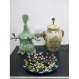 A Classically decorated lamp along with a vibrant bowl signed Theresa Edwards and a studio pottery