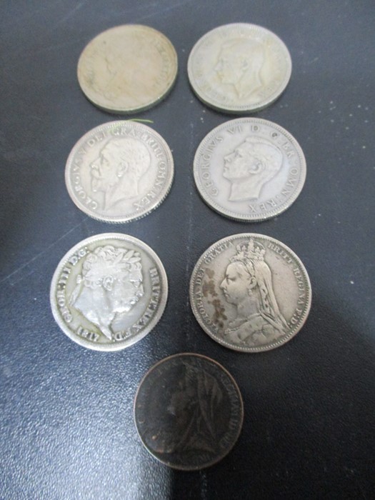 Six shilling coins dating from 1817- 1974 along with a Victorian Farthing