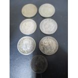 Six shilling coins dating from 1817- 1974 along with a Victorian Farthing