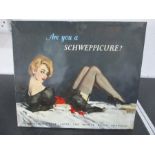 A vintage Schweppes advertising sign "Are you a Schweppicure?"