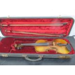 A cased "Handarbeit aus Mittenwald" violin with two bows, one stamped Czecholslovakia