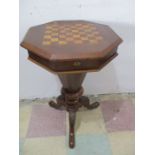 A Victorian octagonal sewing box with games board inlaid
