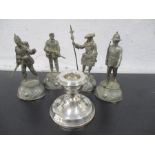 A hallmarked silver dwarf candlestick along with four pewter Royal Marine figures