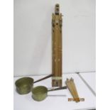 A Windsor and Newton artists easel along with two brass jam pans
