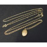 A 9ct gold locket and chain along with a 9ct gold fine chain. Total weight 3.6g