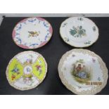 Four hand painted cabinet plates, all with blue crossed swords mark