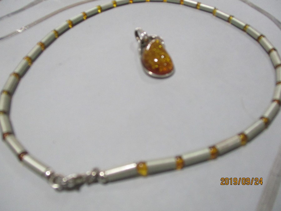 Three 925 silver necklaces along with one other, amber silver pendant and a pair of earrings. - Image 2 of 6