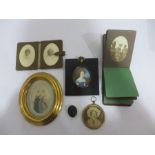 A hand painted miniature of a lady in evening dress along with various other portraits, photograph