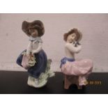 A Lladro figure of a girl holding a basket of flowers along with a similar Nao figure