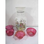 Three pieces of Cranberry glass along with a large vase painted in the Chinoiserie style