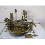 An antique brass pan along with various fire irons, lamp, scales etc.