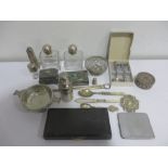 A collection of miscellaneous items, perfume bottles, pewter, christening set, silver plated