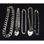 Three 925 silver chain bracelets along with two hallmarked silver bracelets with heart padlocks.