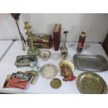 A collection of miscellaneous including parasol, tins, silver plated items, brass, lamp etc