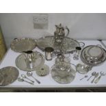 A collection of silver plated items including tray, entree dish and a porringer