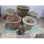 A set of four garden pots, two others and a concrete squirrel ( A/F)