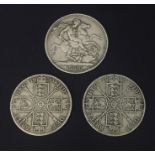3 Victorian coins, a 1900 Crown along with two double Florins.