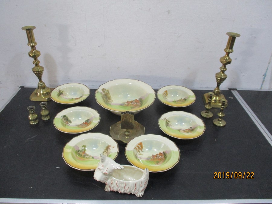 A set of Royal Doulton fruit bowls, brass candlesticks etc.