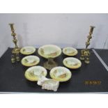 A set of Royal Doulton fruit bowls, brass candlesticks etc.