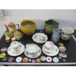 A small collection of china and glass including Wedgwood, Masons, cottage ware, badges etc.