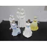 Four Coalport figures along with a Royal Doulton figurine