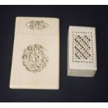 A late 19th century carved ivory card case A/F and a small ivory box.