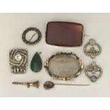 A selection of Victorian and other jewellery including large agate brooches, stick pin, paste buckle