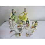 Two Royal Doulton ladies along with four miniature Staffordshire flat backs etc