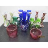 A collection of coloured glass including cranberry, end of day, Mary Gregory style etc. some A/F