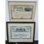 Two framed stock certificates, Gulf, Mobile and Ohio Railroad Company ( dated 1944) and Saint Paul