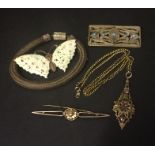 A Victorian mourning bangle along with a 9ct gold brooch, enamelled butterfly brooch etc.