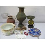 A large brass Islamic vase along with scales, chamber pot, dragon plate etc.