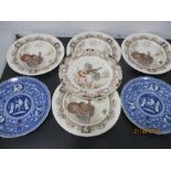 A pair of Spode plates with Classical scenes along with four Johnson Bros. "Barnyard King" plates